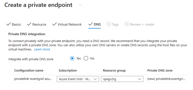 Screenshot showing the DNS page of the Create a private endpoint wizard.