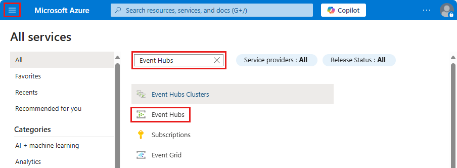 Screenshot showing the selection of Event Hubs in the All services page.