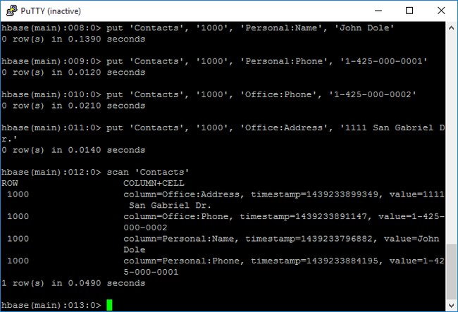 HDInsight Apache Hadoop HBase shell.