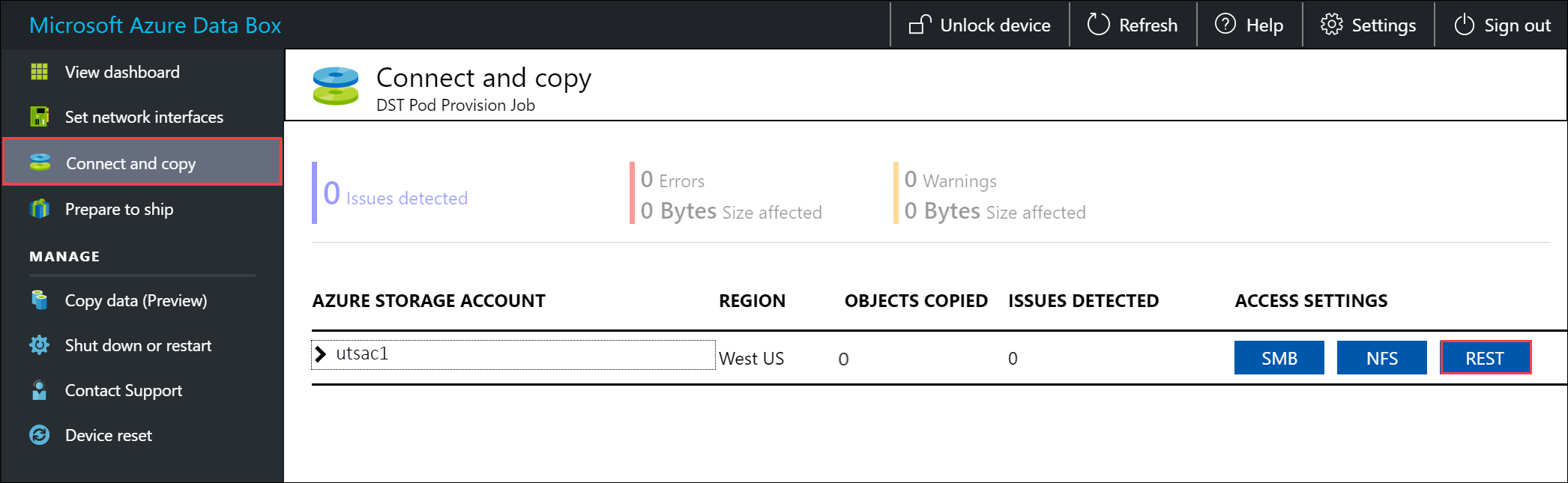 Screenshot shows the Connect and copy pane where you can select REST as an access setting.