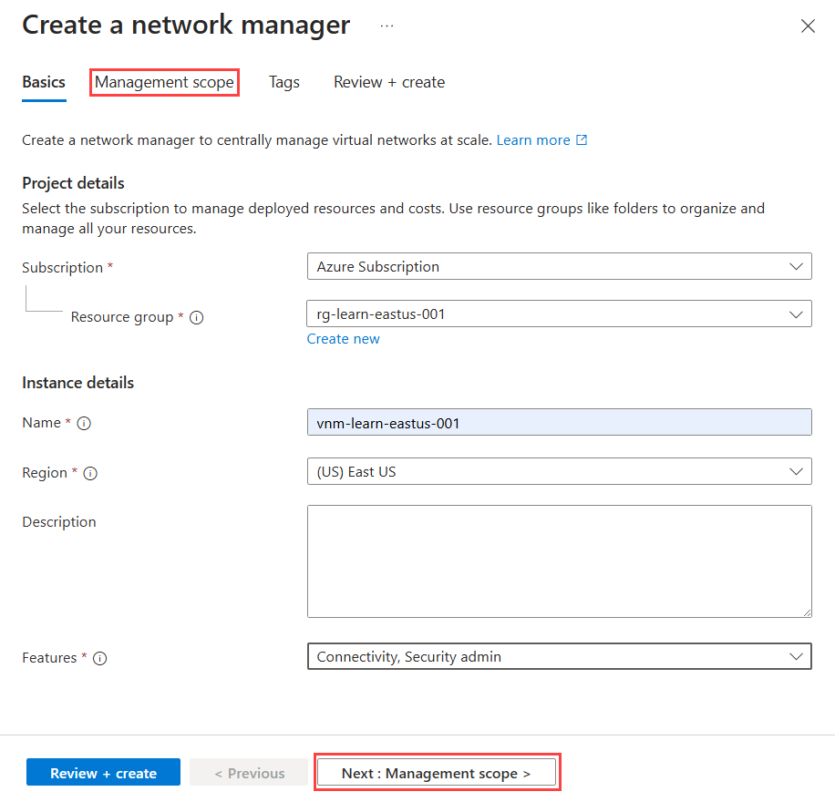 Screenshot of basic information for creating a network manager.