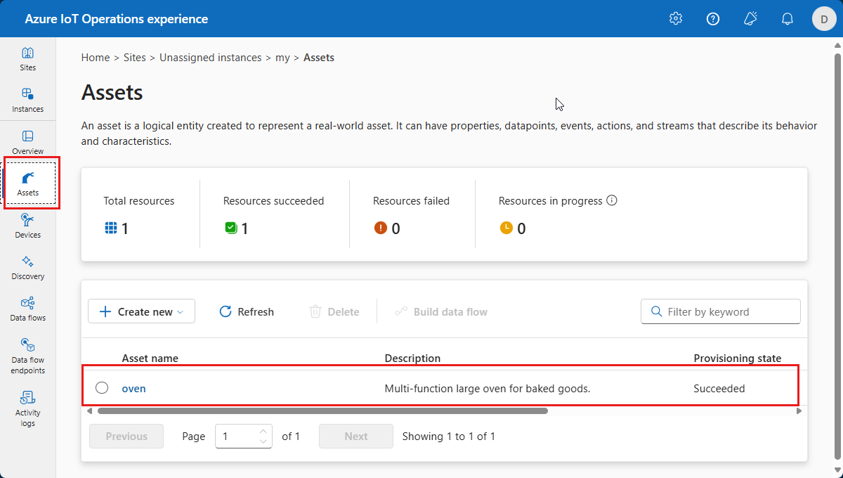 Screenshot in the operations experience that shows a list of assets.
