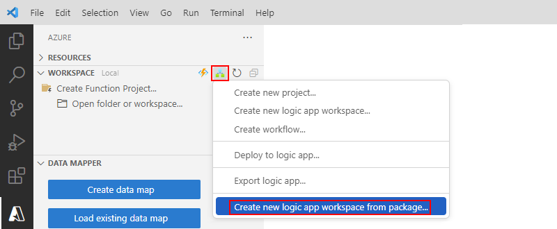 Screenshot shows Visual Studio Code, Azure window, Workspace toolbar with selected button for Azure Logic Apps, and selected option for Create new logic app workspace from package.
