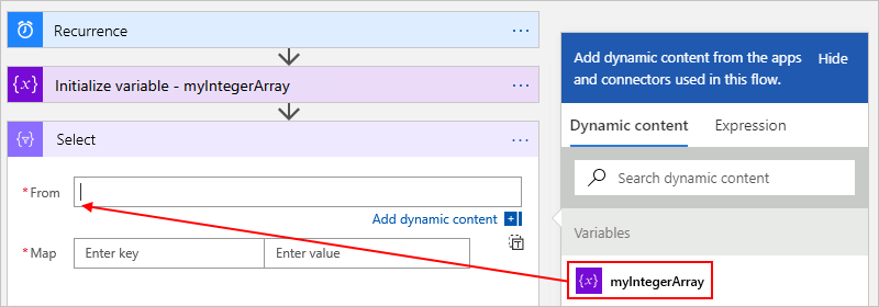 Screenshot showing the designer for a Consumption workflow, the "Select" action, and the selected source array variable to use in the "Select" action.