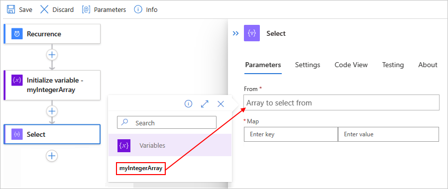 Screenshot showing the designer for a Standard workflow, the "Select" action, and the selected source array variable to use in the "Select" action.