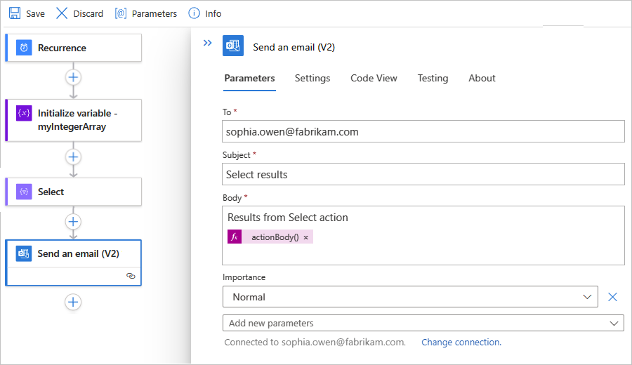 Screenshot showing a Standard workflow with the finished "Send an email" action for the "Select" action.