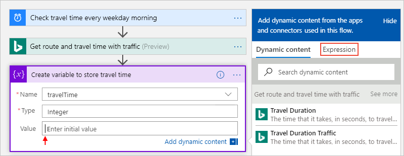 Screenshot that shows the "Initialize variable" action with the cursor inside the "Value" property, which opens the dynamic content list.