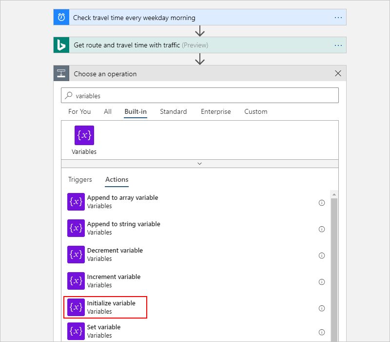 Screenshot that shows the "Initialize variable" action selected.