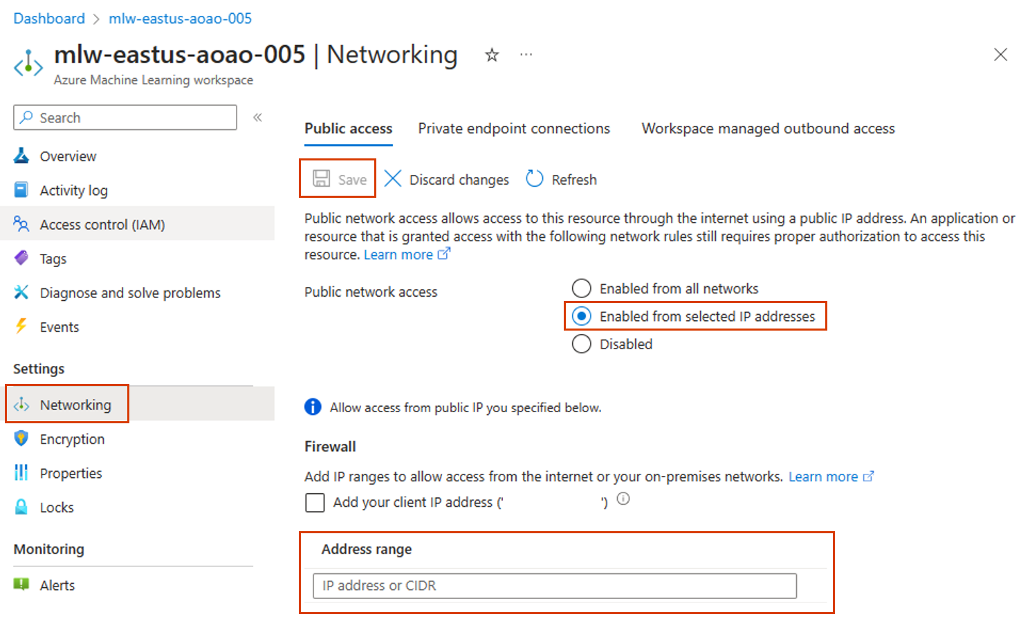 Screenshot of the UI to enable access from internet IP ranges.