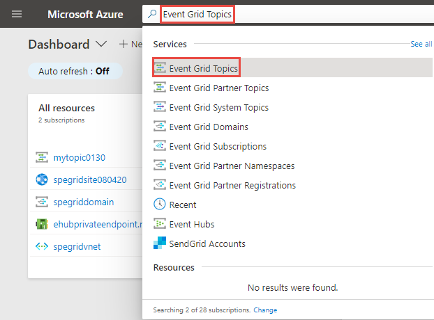 Screenshot of search for and select Event Grid topics page.