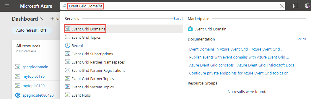 Screenshot of Search for and select Event Grid domains.