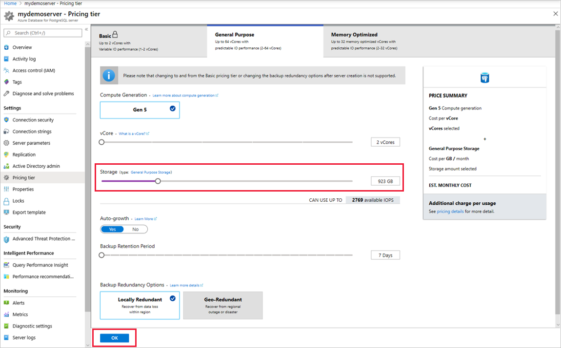 Screenshot of Azure portal to choose Storage scale in Azure Database for PostgreSQL