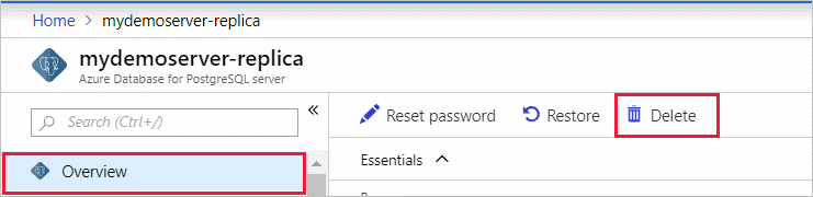 On the replica Overview page, select to delete the replica