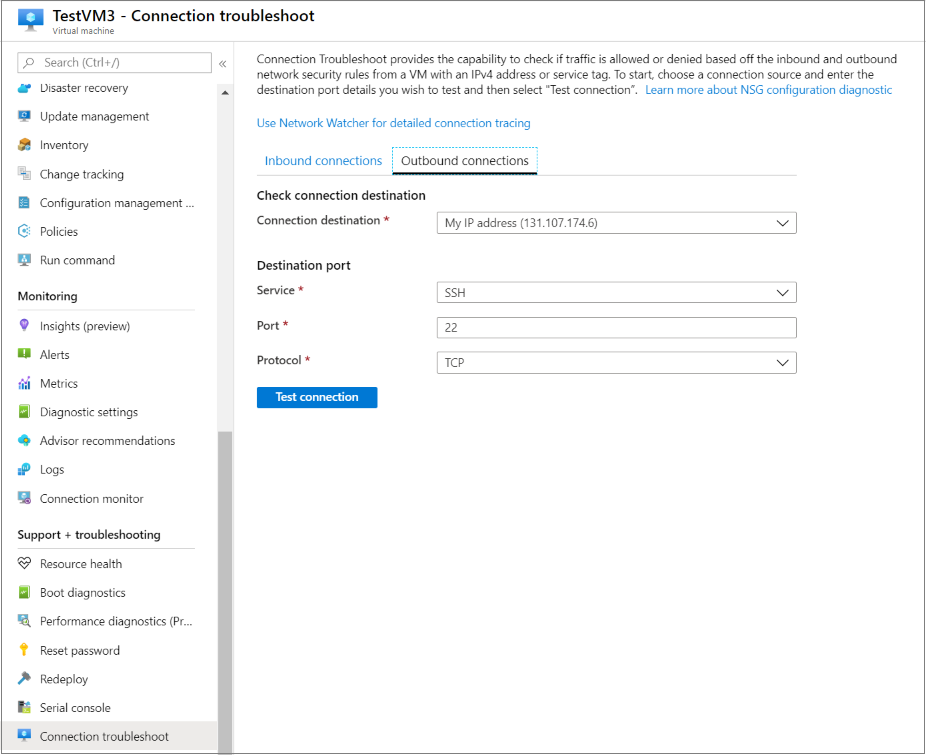 Screenshot of Network Watcher - Test outbound connections.