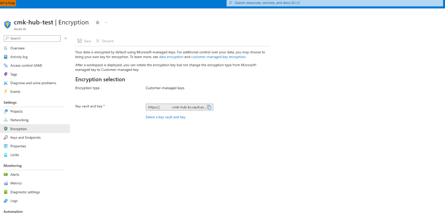 Screenshot of the Encryption page of the hub in the Azure portal.