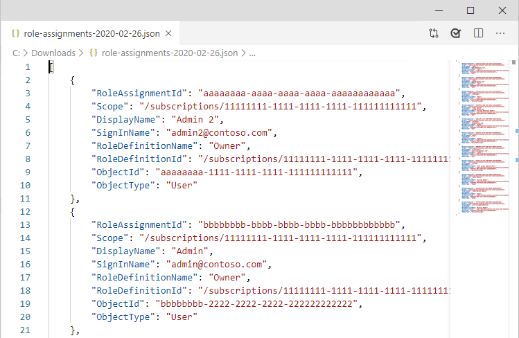 Screenshot of the downloaded role assignments as in JSON format.