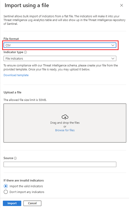 Screenshot of the menu flyout to upload a CSV or JSON file, choose a template to download, and specify a source.