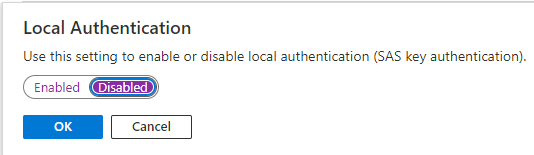 Screenshot that shows the selection of Disabled option on the Local Authentication page.