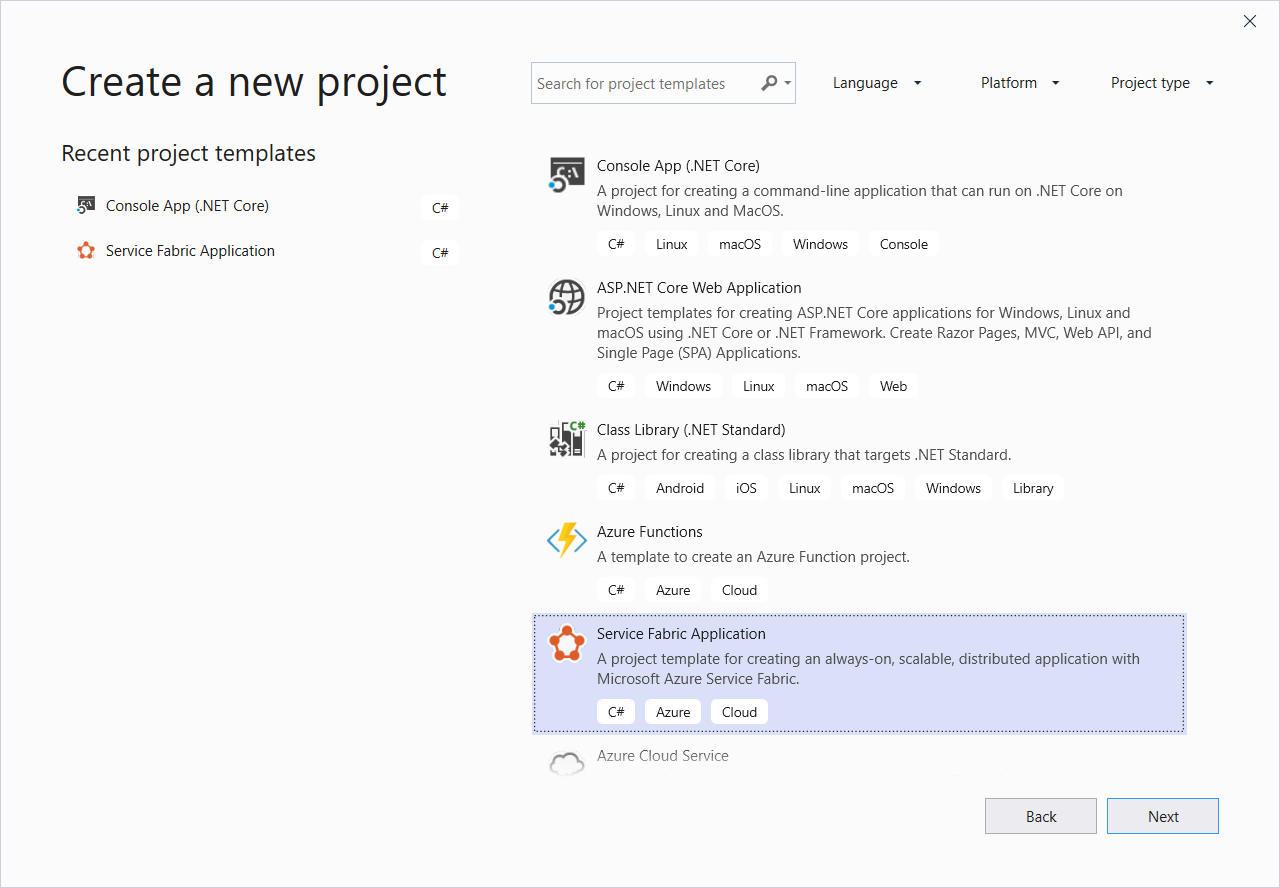 New project dialog in Visual Studio