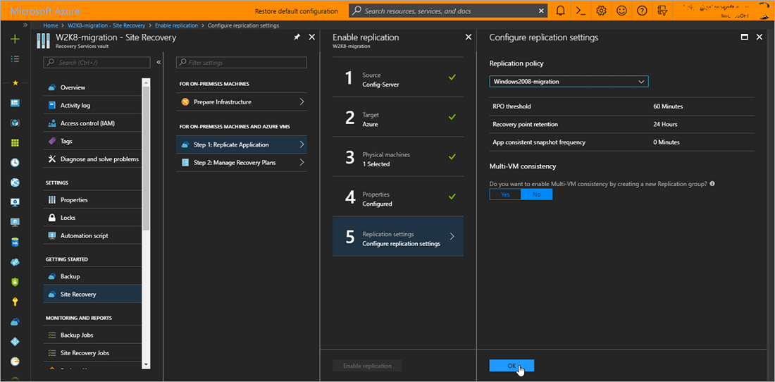 Screenshot showing options to enable replication.