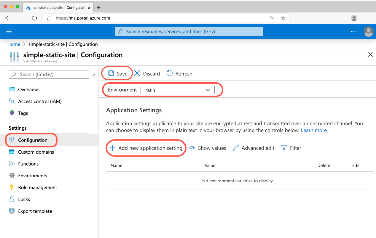 Screenshot of Azure Static Web Apps environment variables view