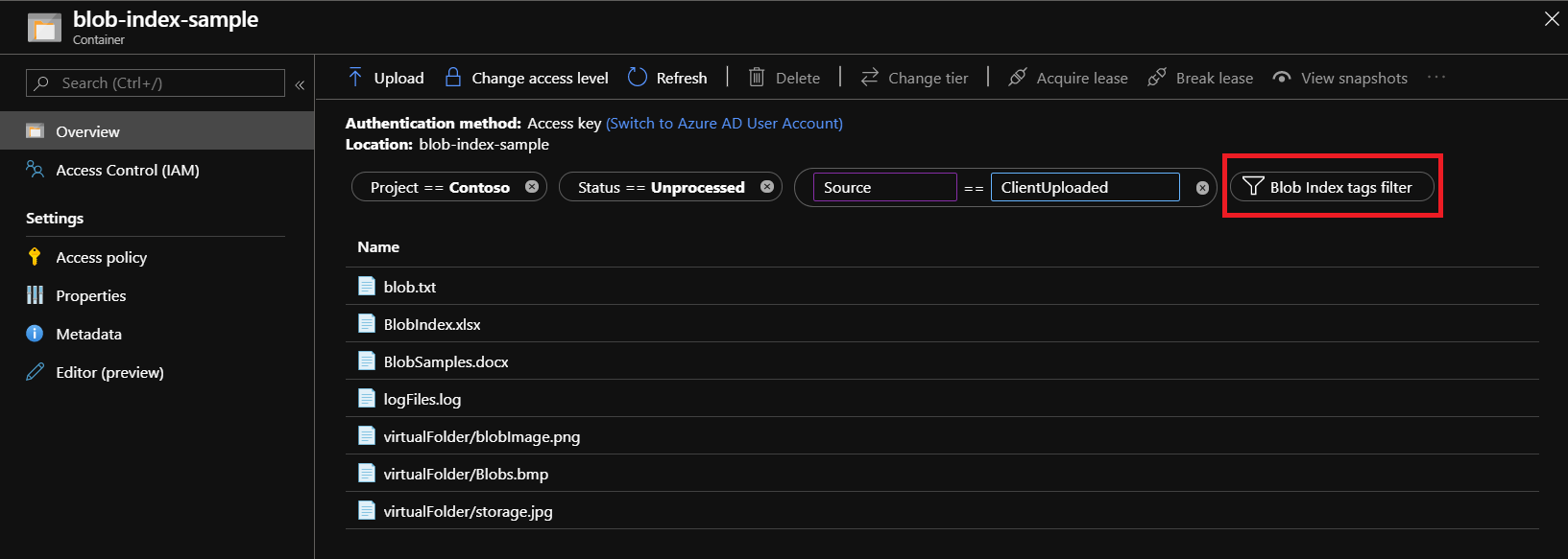 Screenshot of the Azure portal showing how to Filter and find tagged blobs using index tags