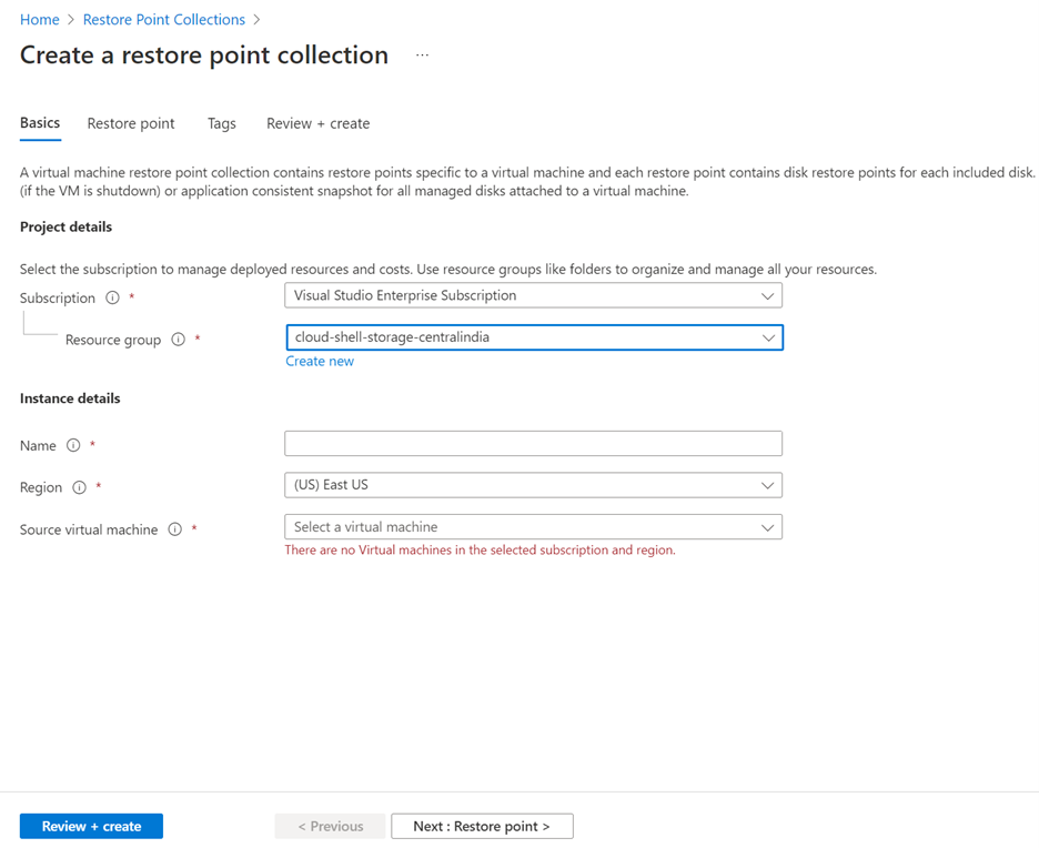 Screenshot of Create a restore point collection screen.