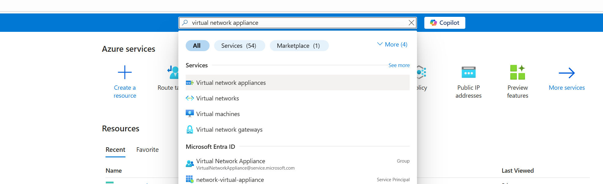 Screenshot of a search for routing appliances in the Azure portal.