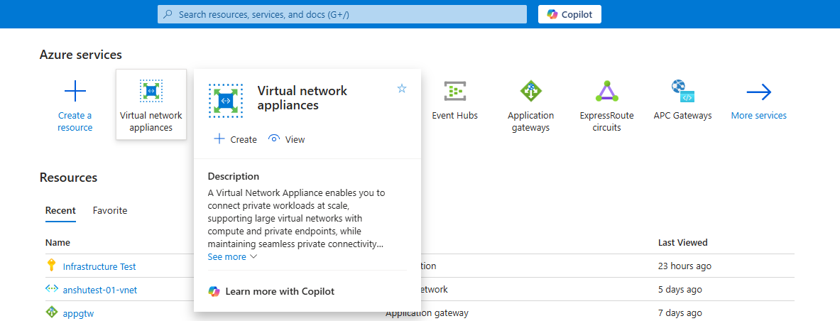 Screenshot of the service entry for Azure Virtual Network routing appliances in the Azure portal.