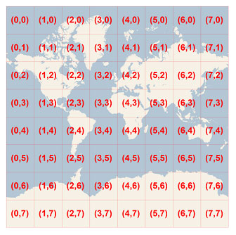 209e5af1-34c1-45f6-ba24-41df3e1a1b10 A two-dimensional map of Earth that is broken into 64 squares.