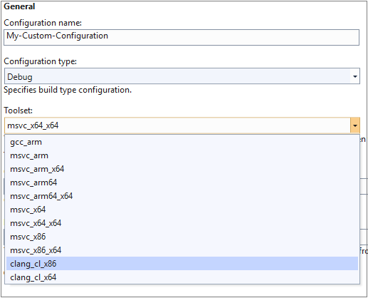 Screenshot of the General dialog box showing the Toolset drop-down and clang cl x 86 is highlighted.