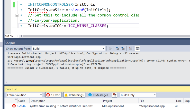 Visual Studio 2017 Output window and Error List Screenshot of the Output Window and Error List.