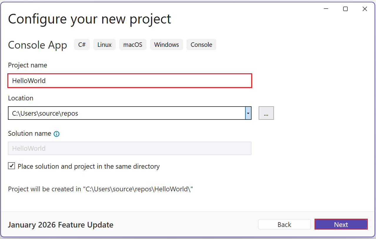 Configure your new project window with Project name, location, and solution name fields
