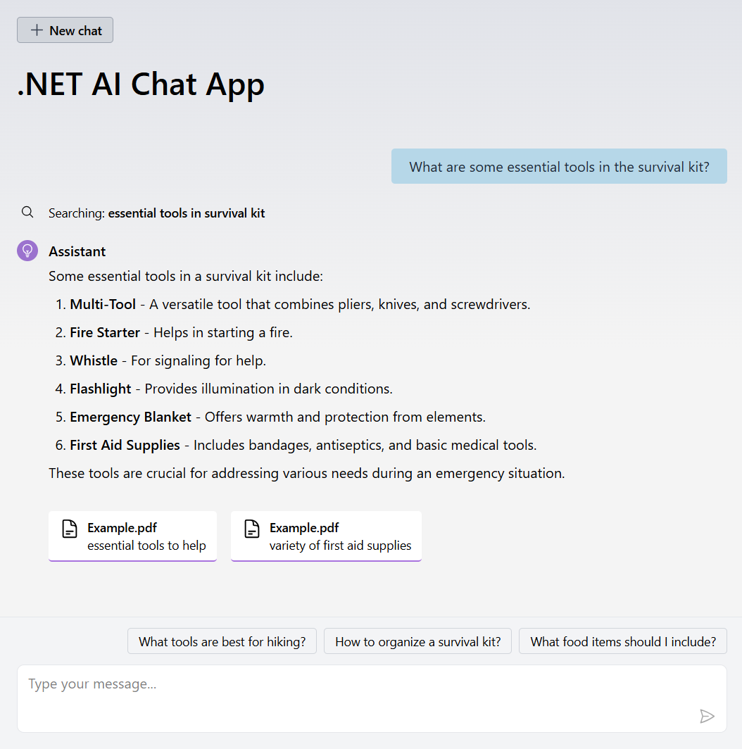A screenshot showing the conversational UI of the .NET AI app template.
