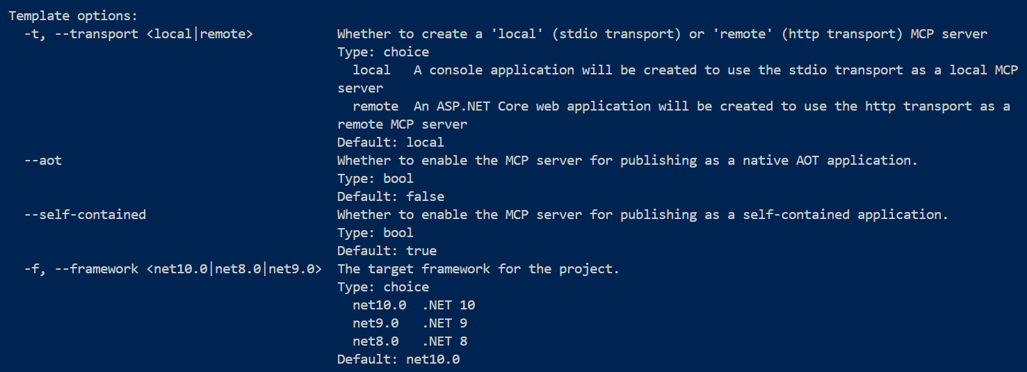 Template options for an MCP Server in .NET CLI