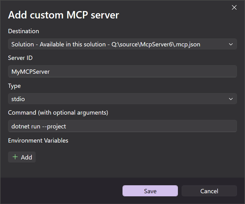 Add Custom MCP Server dialog window