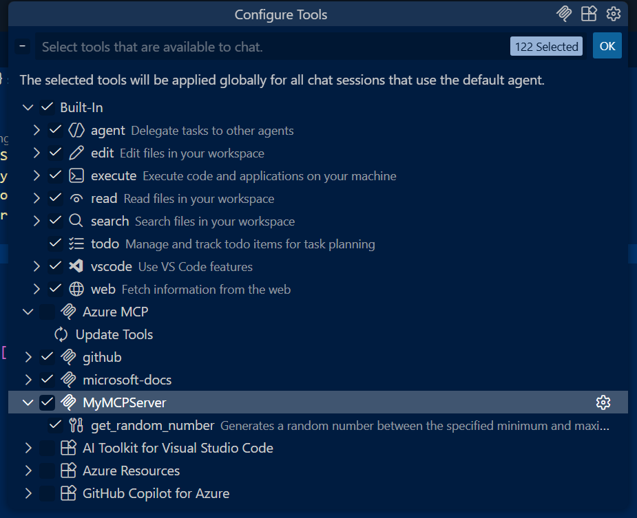 MCP Tools List in GitHub Copilot Chat