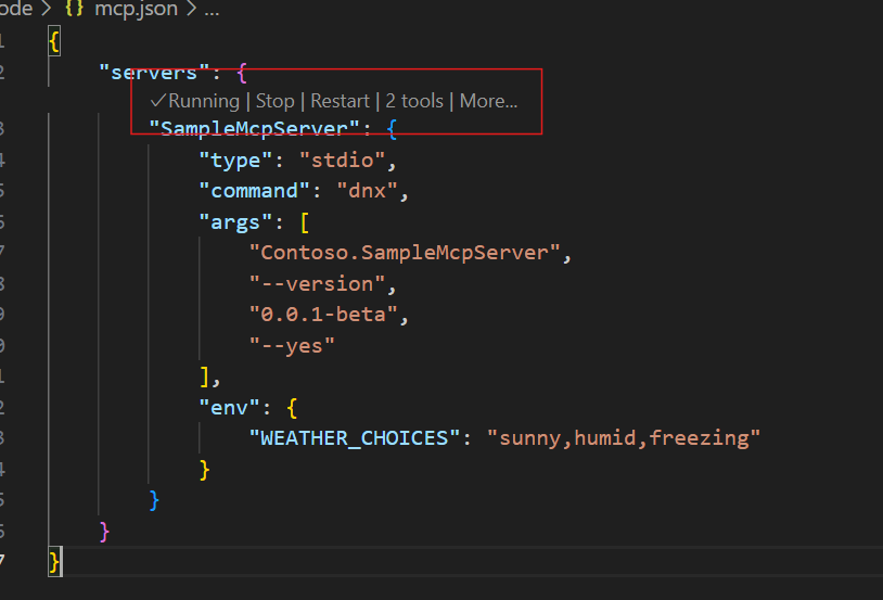 A screenshot showing an MCP server in VS Code configuration that is started.