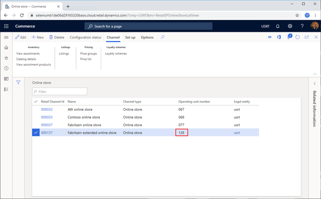 Screenshot of the operating unit number column on the Dynamics 365 Commerce website.