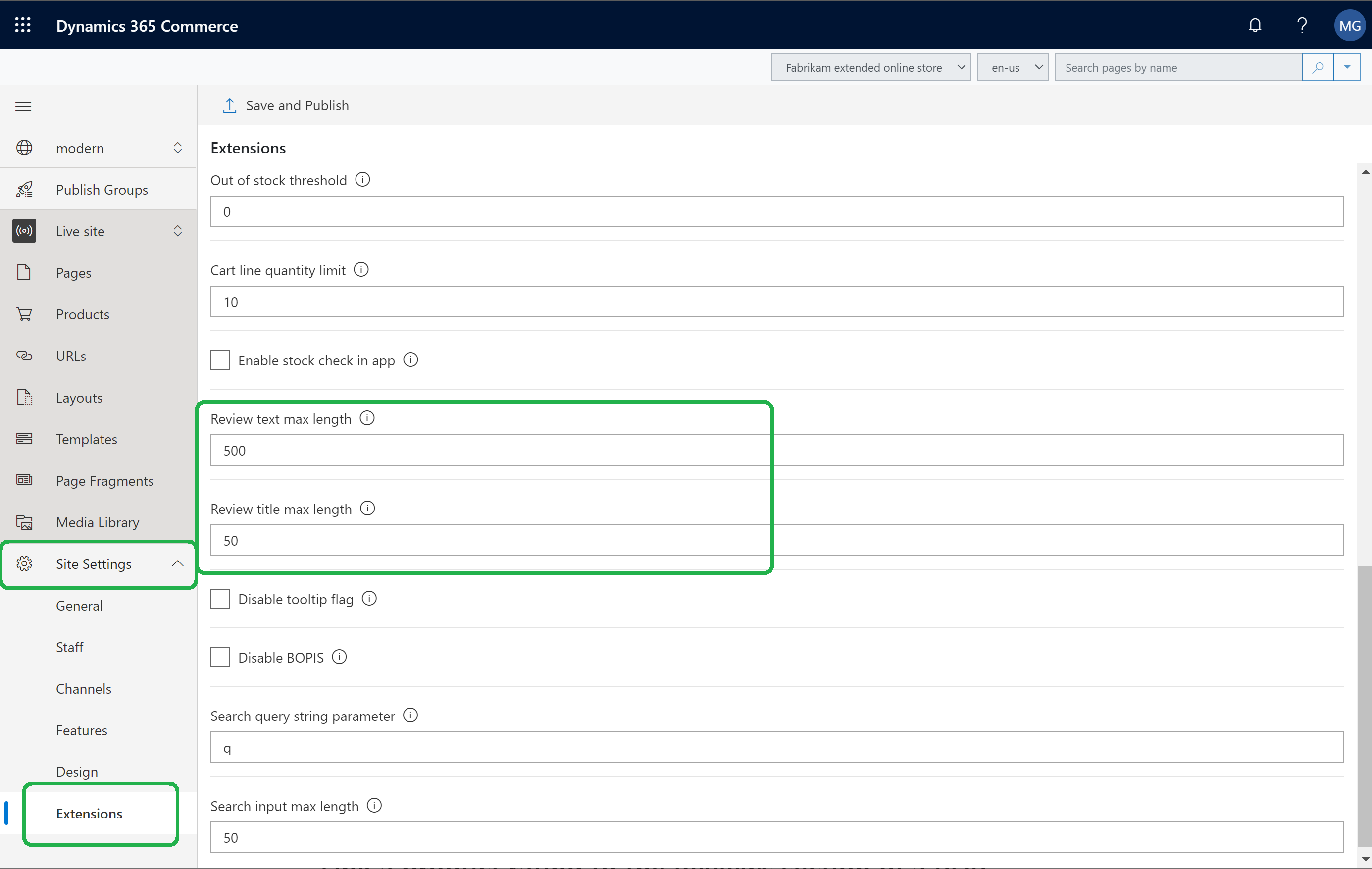 Screenshot of configuring a site to show ratings and reviews.