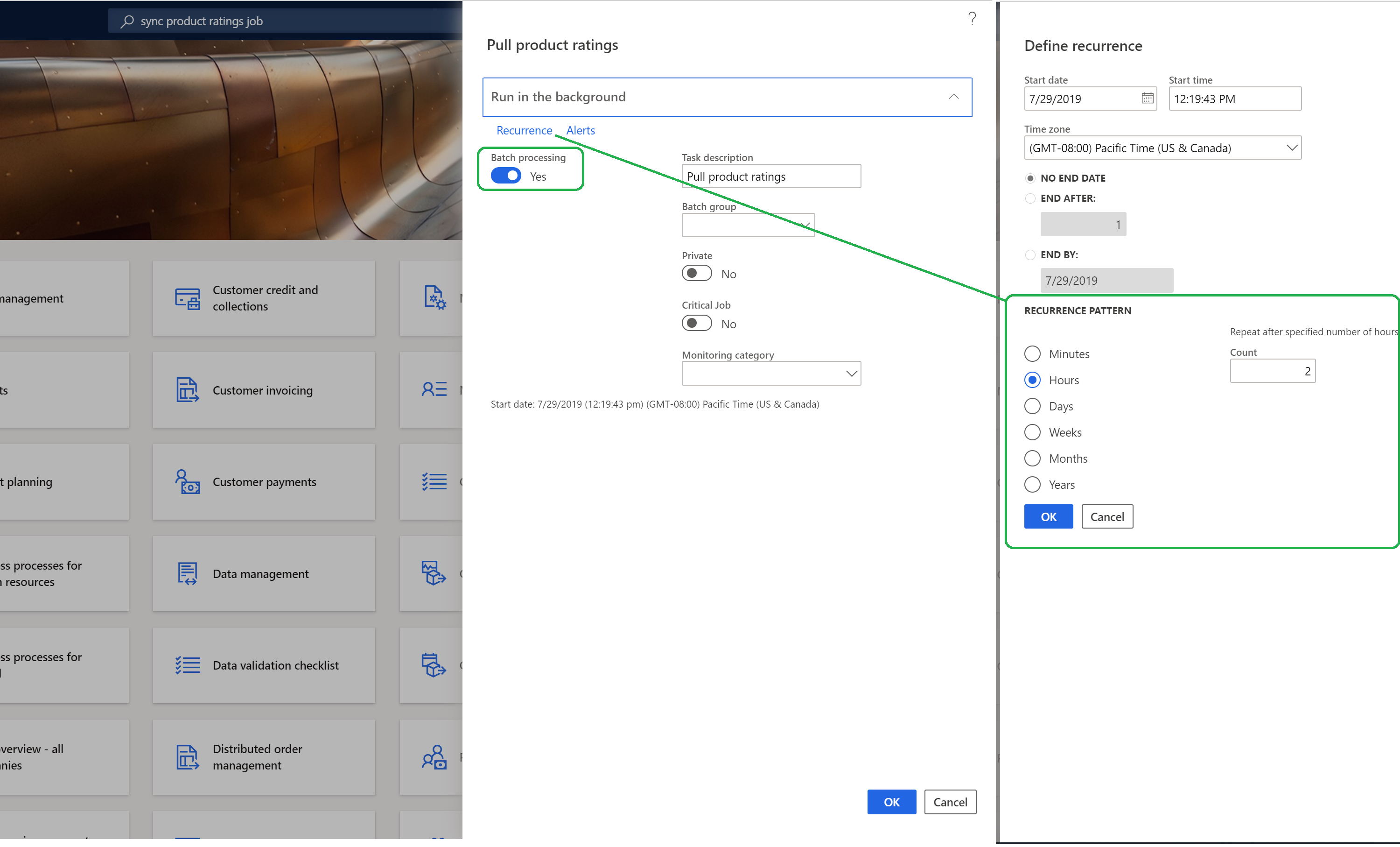 Screenshot of the configuration of the Sync product ratings batch job.