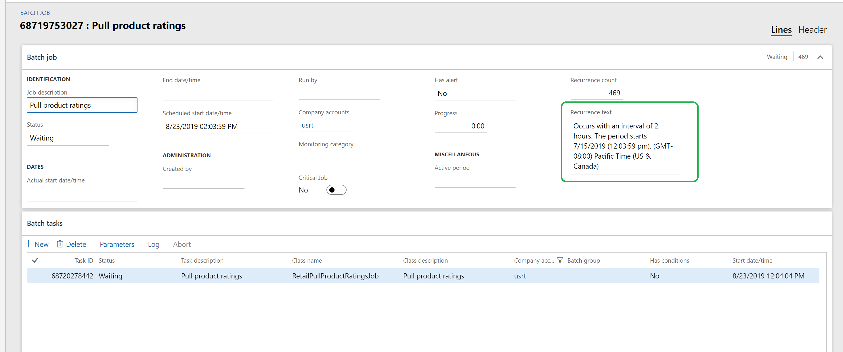 Screenshot of the details of the Sync product rating batch job.