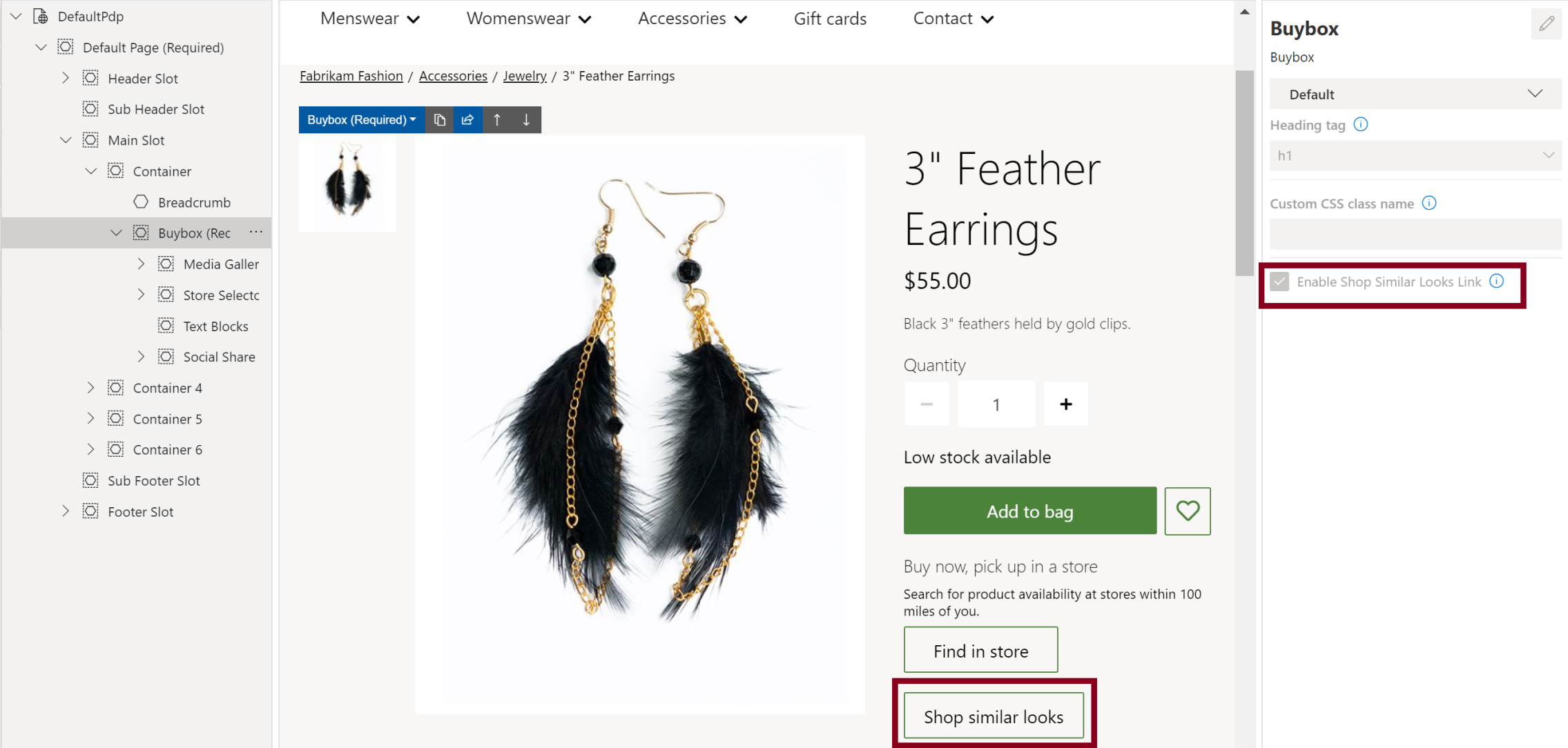 Screenshot of the Enable Shop Similar Looks Link checkbox and Shop similar looks button on a PDP in site builder.