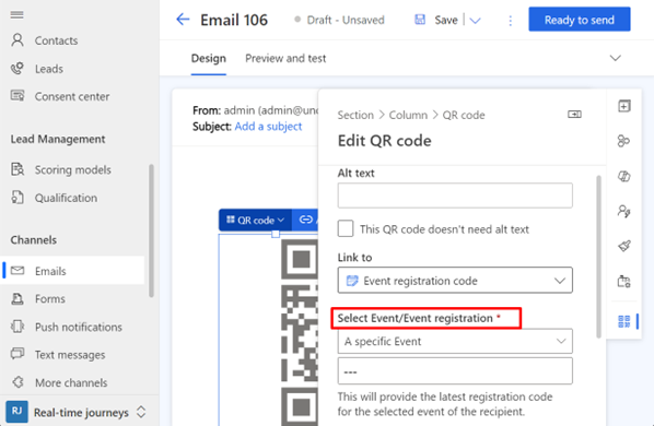Screenshot of attaching a specific event to a QR code in the event registration interface.