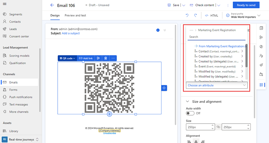 Screenshot of using trigger attributes to supply event details for a QR code in the event registration interface.
