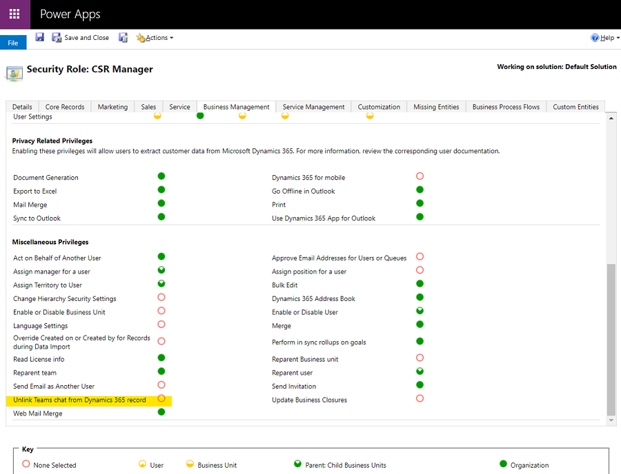 Security role setting for disconnecting Teams chats Disconnect Teams chat from Dynamics 365 record.