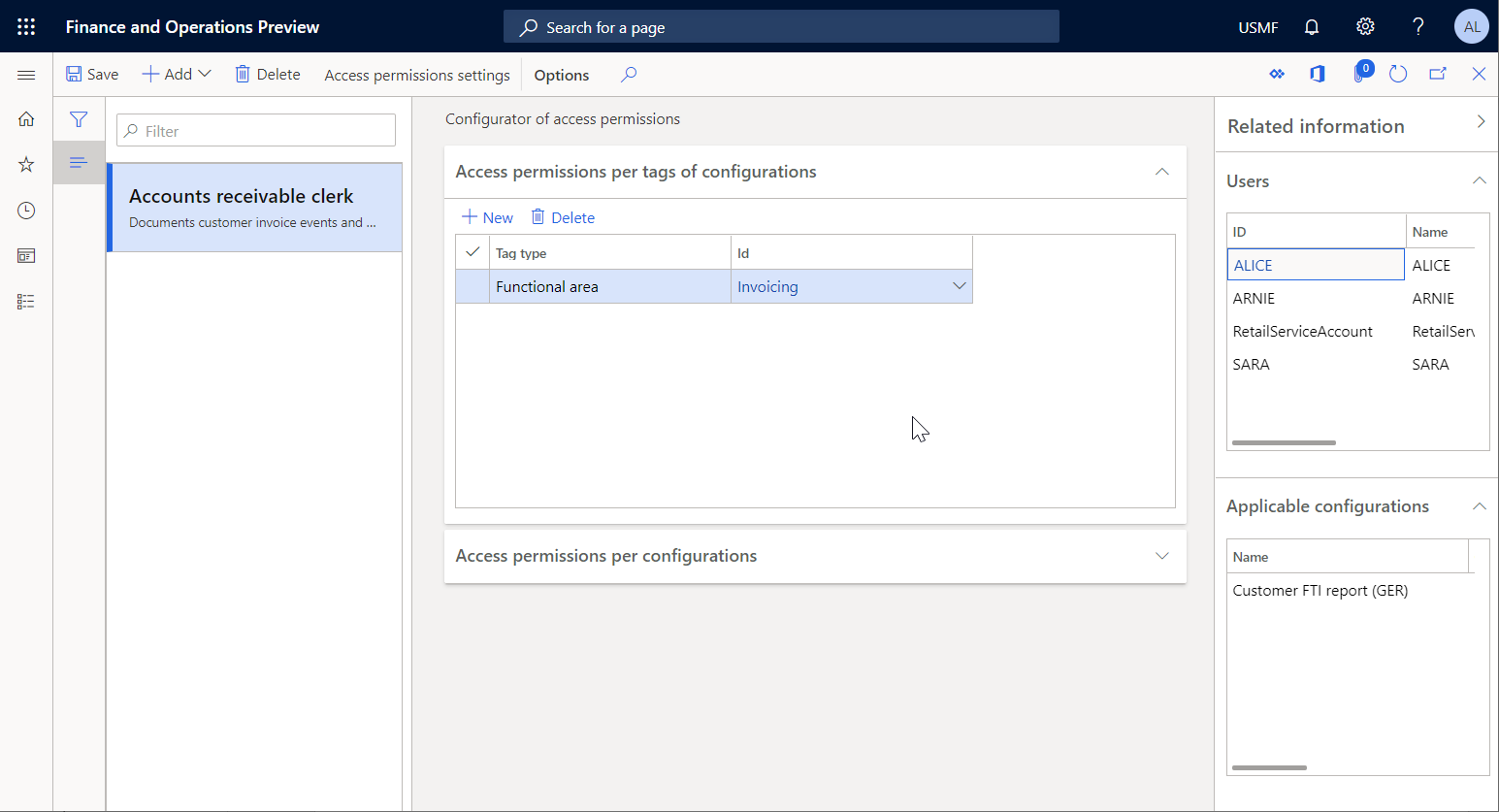 Screenshot of the Related information pane on the Configurator of access permissions page.