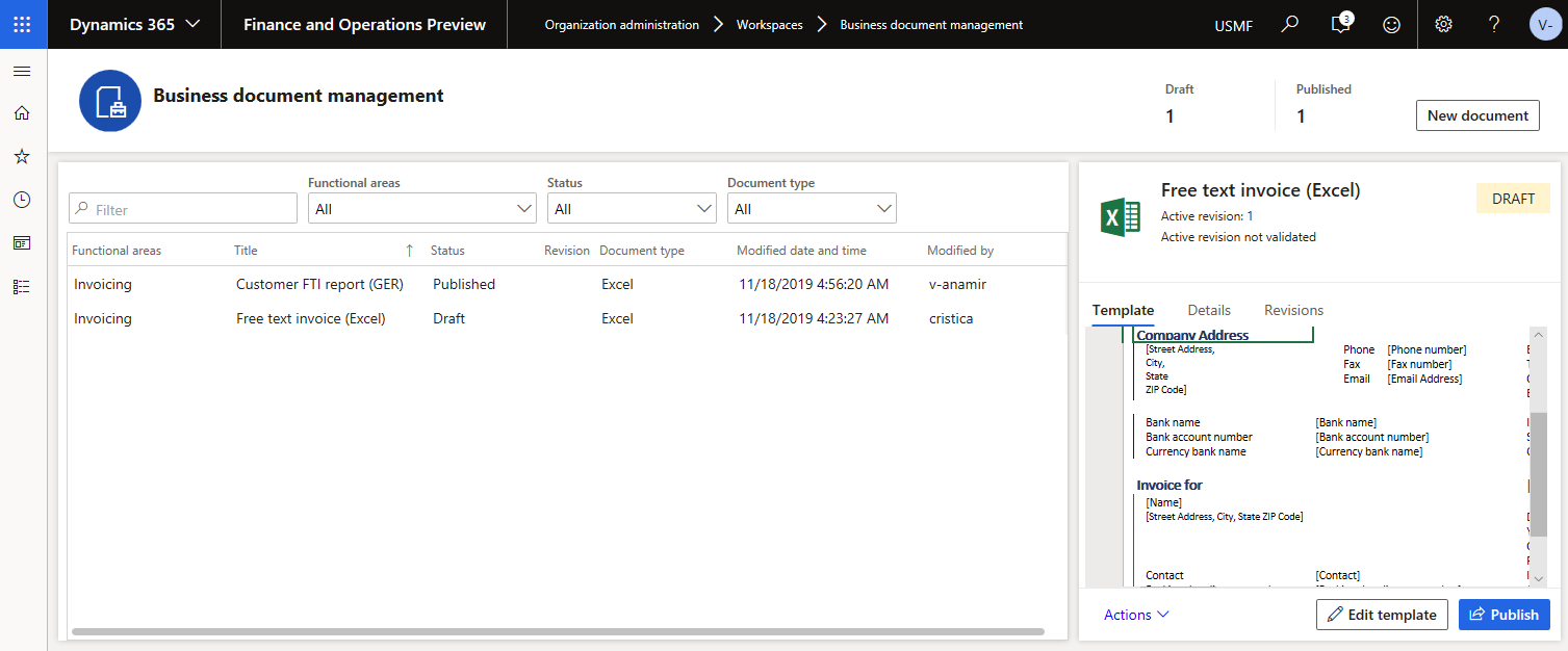 Screenshot of Business document management workspace.