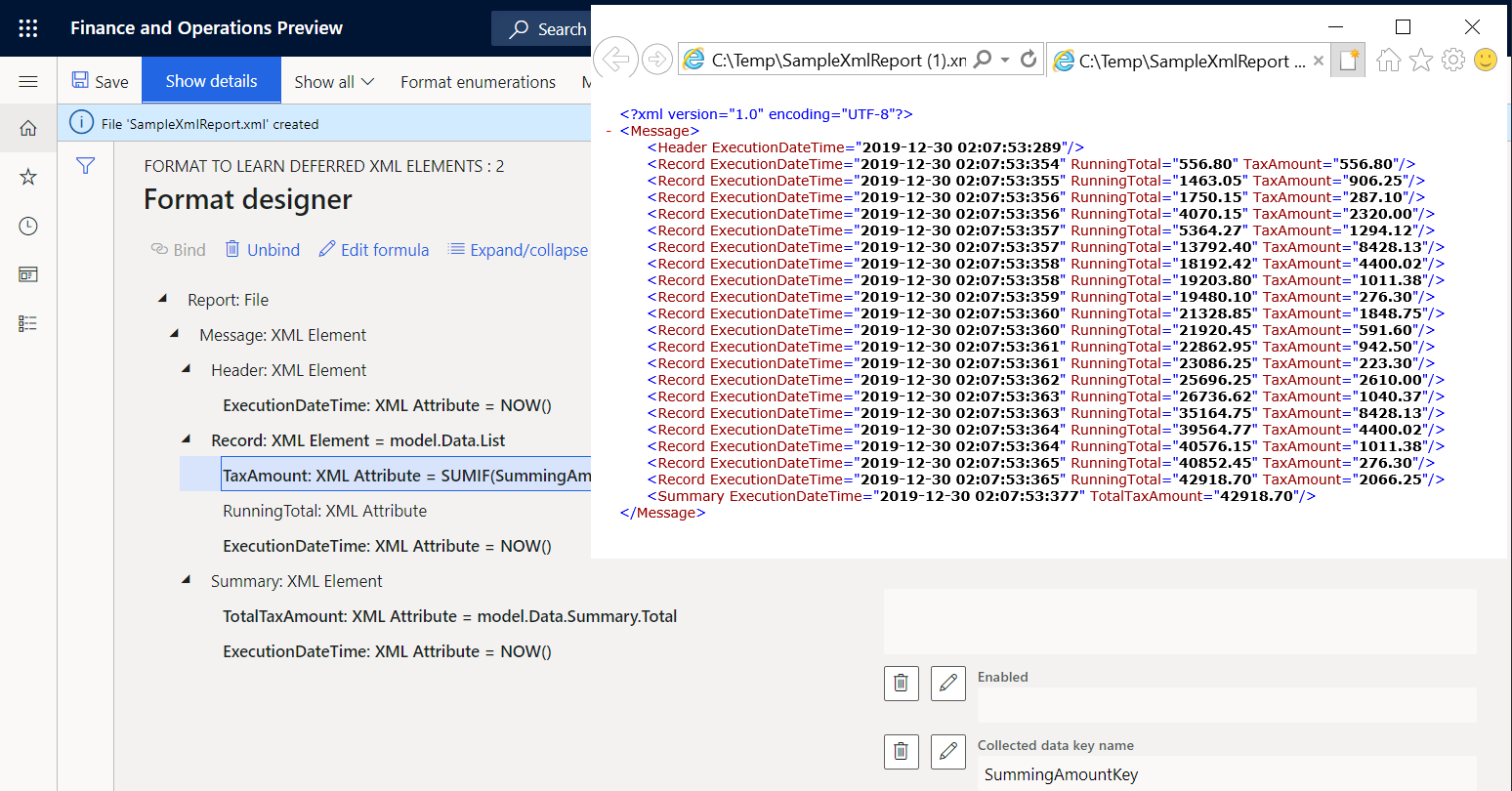 Screenshot of generated list of tax value with running total.