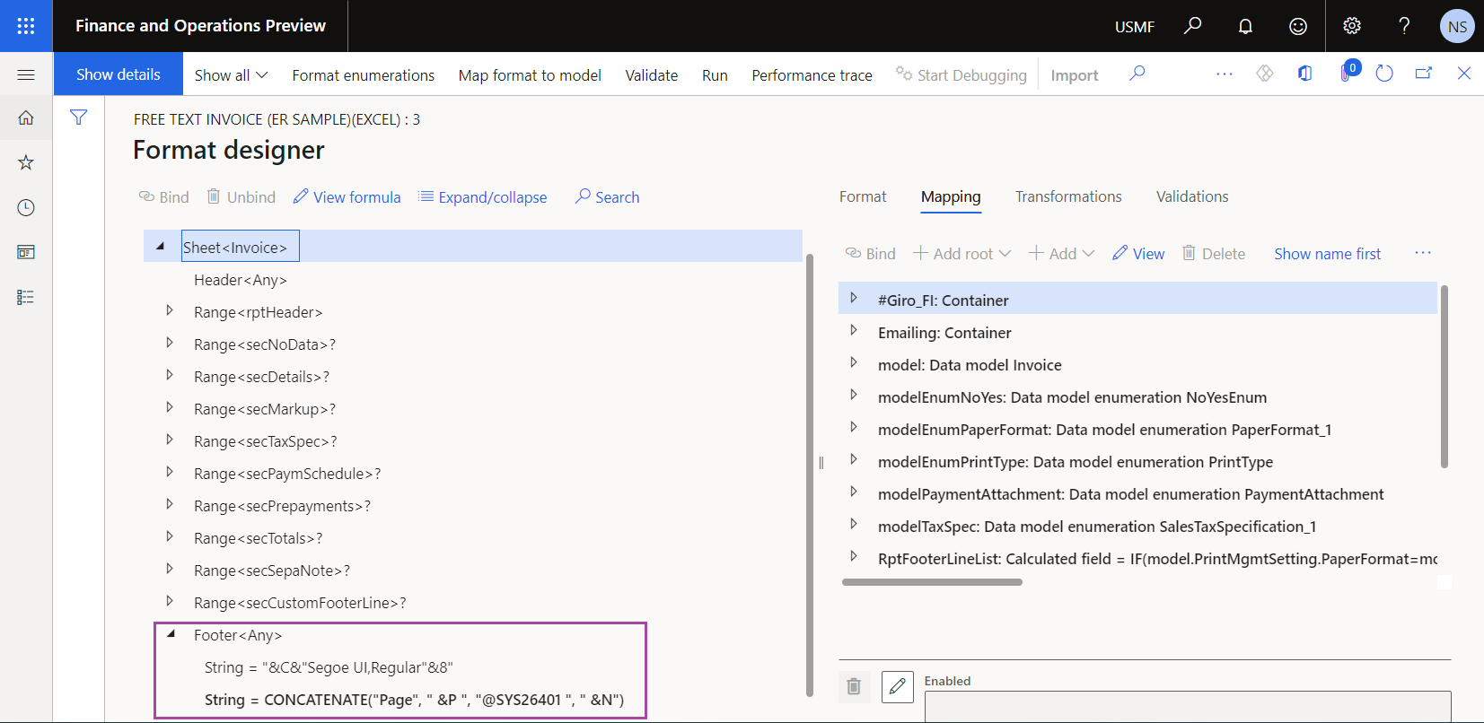 Screenshot of the Footer ER format component on the Format designer page.